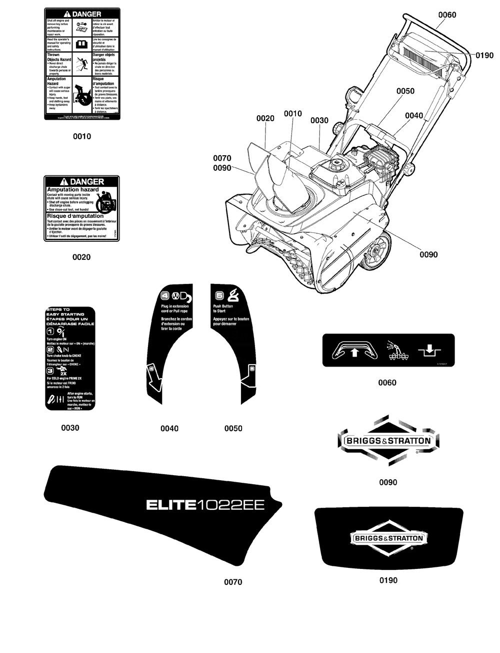Decals Group Diagram and Parts List for 1697294-00-1022EESSNA 2020 Briggs and Stratton Snow Blower